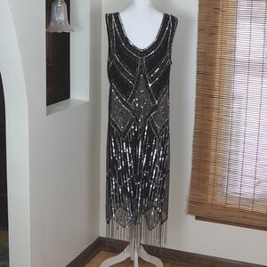 GatsbyLady London Flapper Style Beaded Sheath Dress Size 18 1920's Inspired Art